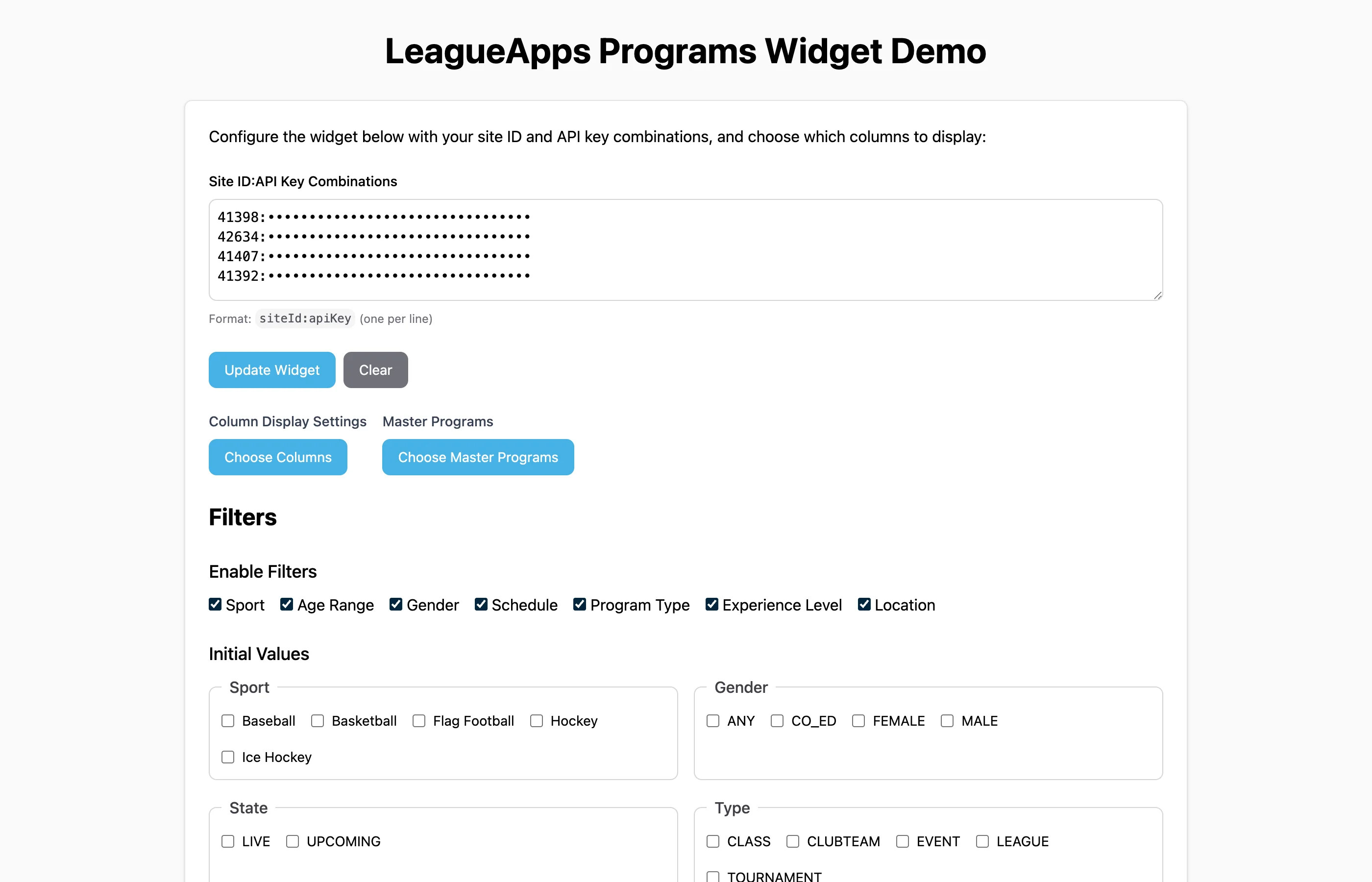 Development sandbox configurator — declarative attribute controls for site keys, columns, filters, and prefilter values