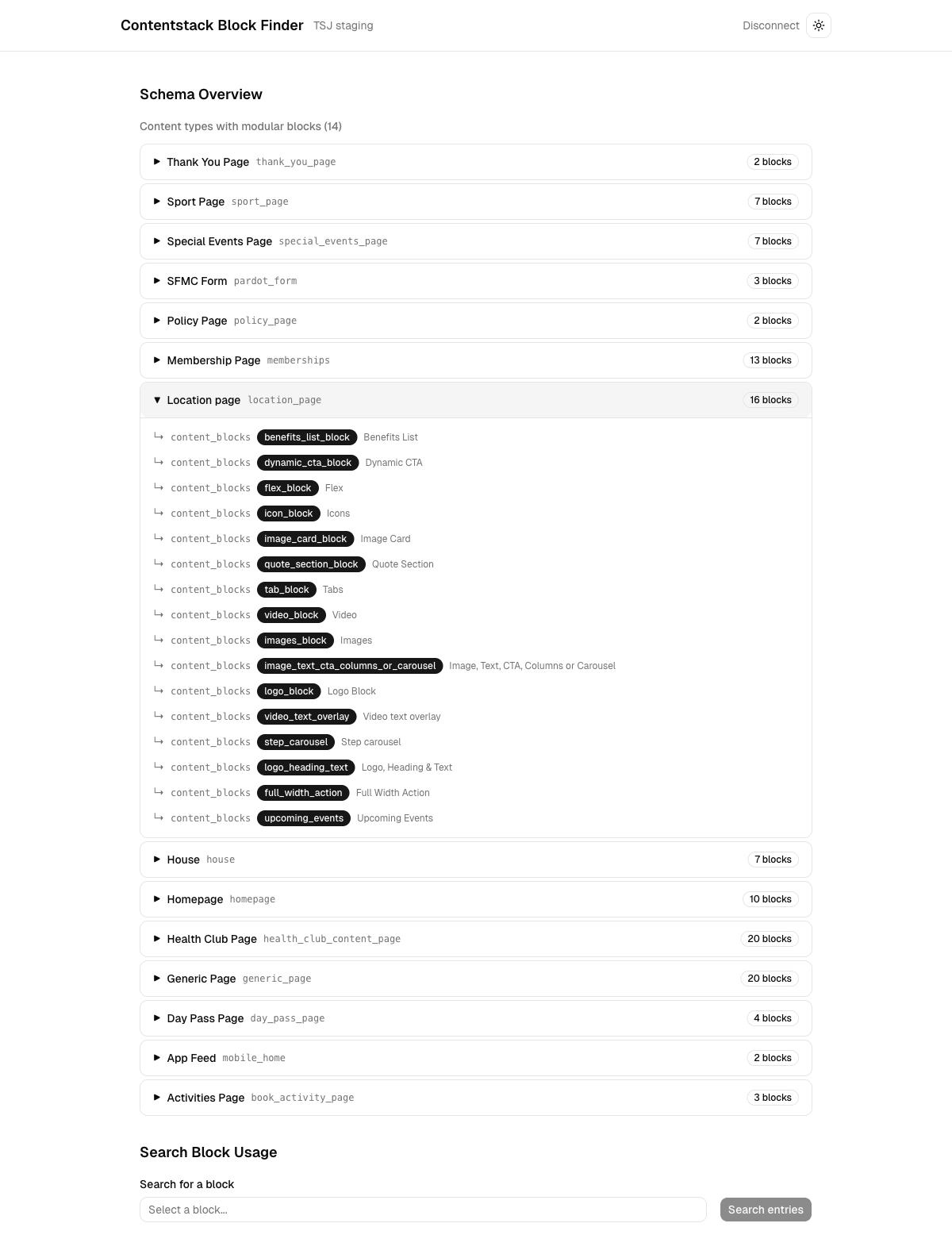 Expanded content type — Location page showing all 16 blocks with field paths and UIDs
