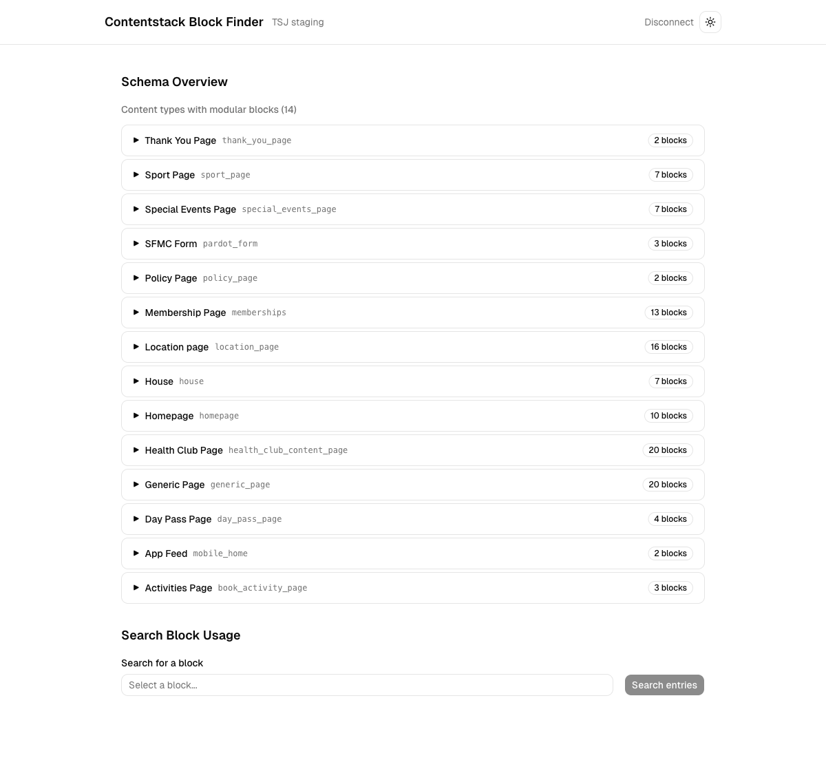 Schema overview — 14 content types with modular blocks, showing block counts per content type