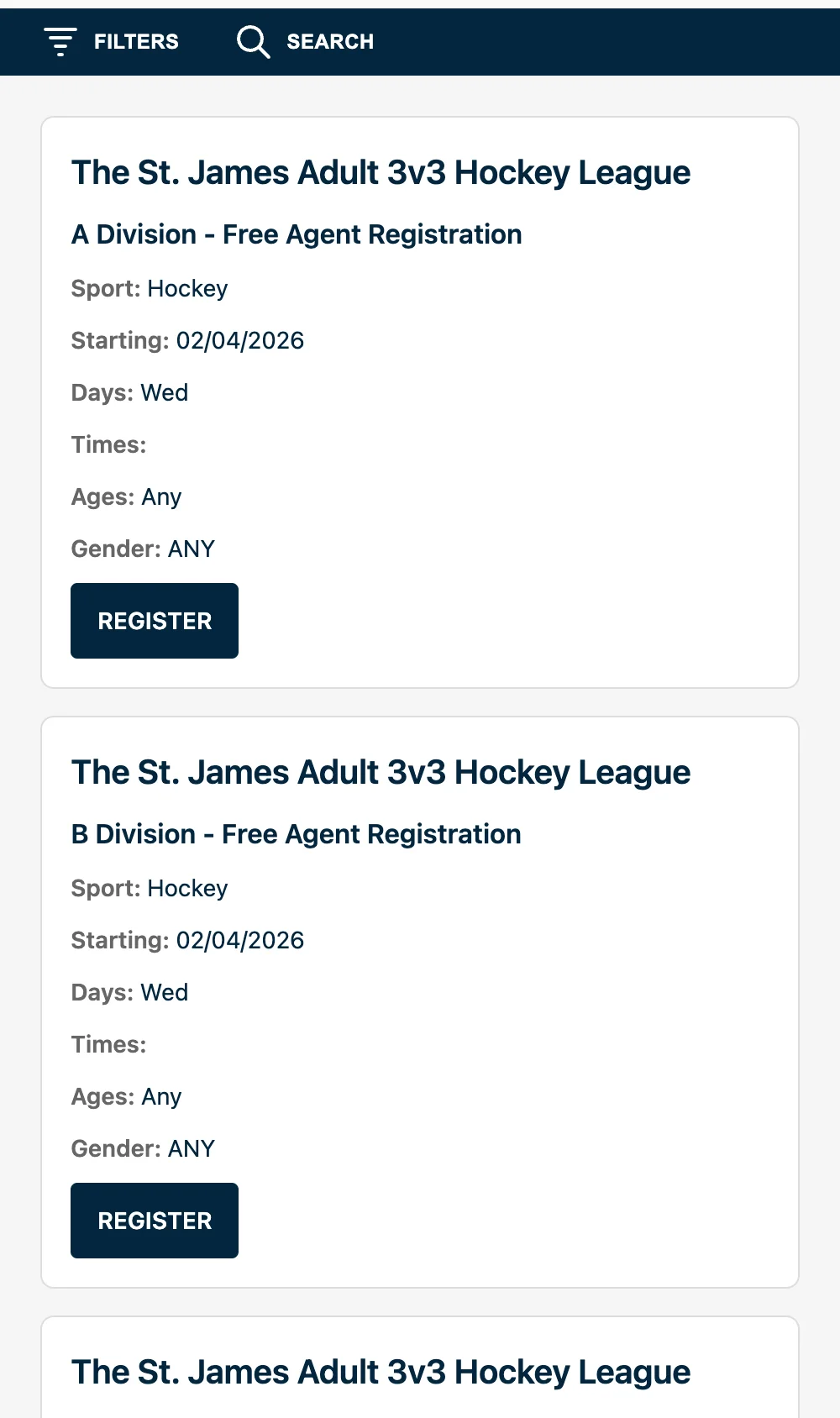 Mobile responsive view — stacked card layout with collapsible filters and search