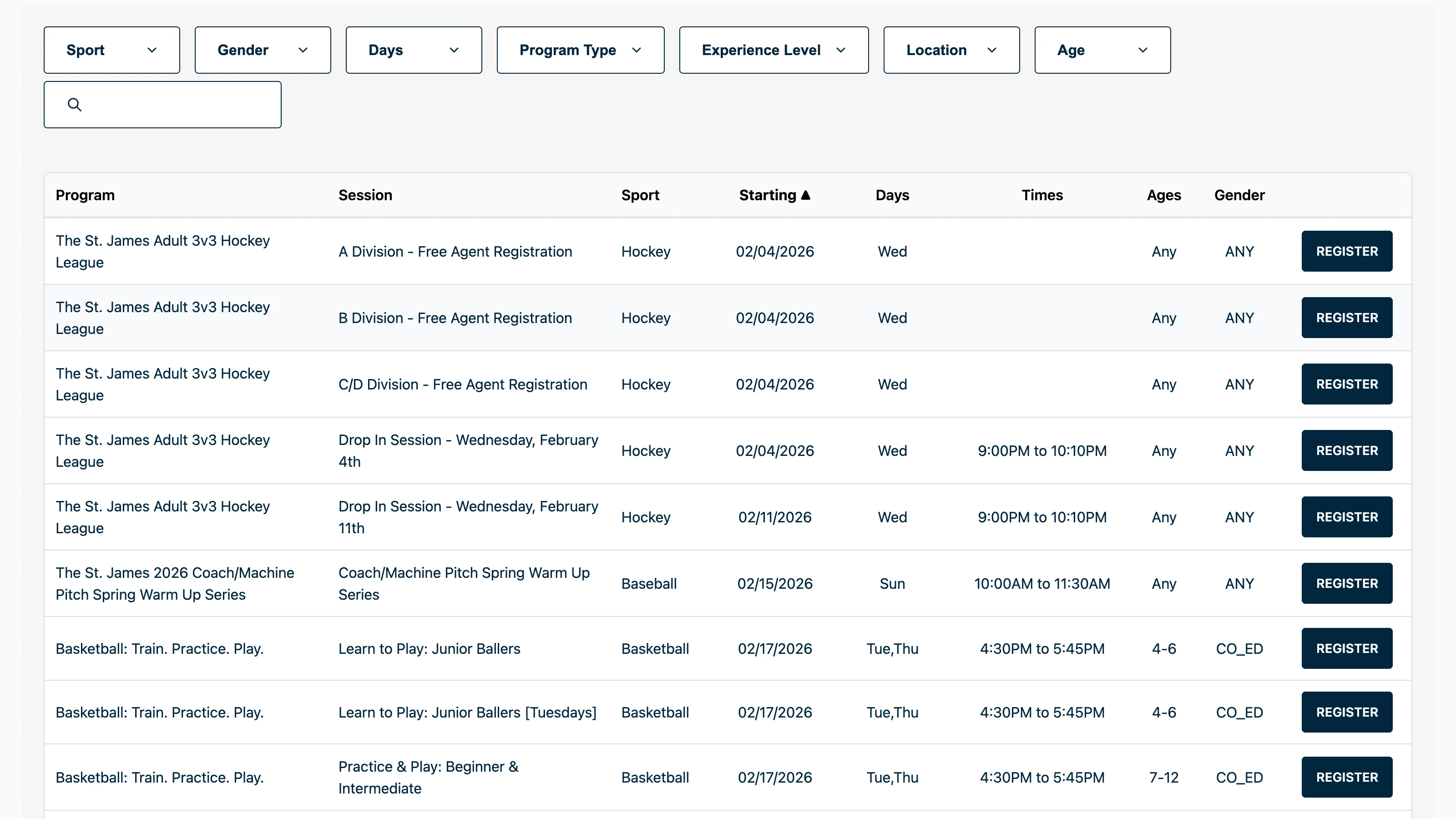 Desktop table view — faceted filter dropdowns with sortable data table and registration links